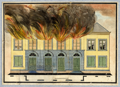 32463 Afbeelding van de voorgevel van de schouwburg op het Vredenburg te Utrecht tijdens de brand.